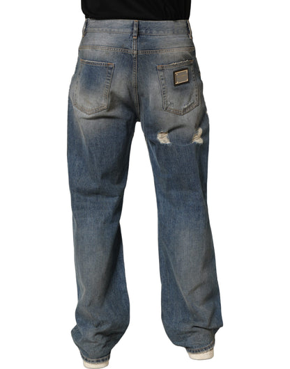 Dolce & Gabbana Blue Cotton Distressed Straight Denim Jeans