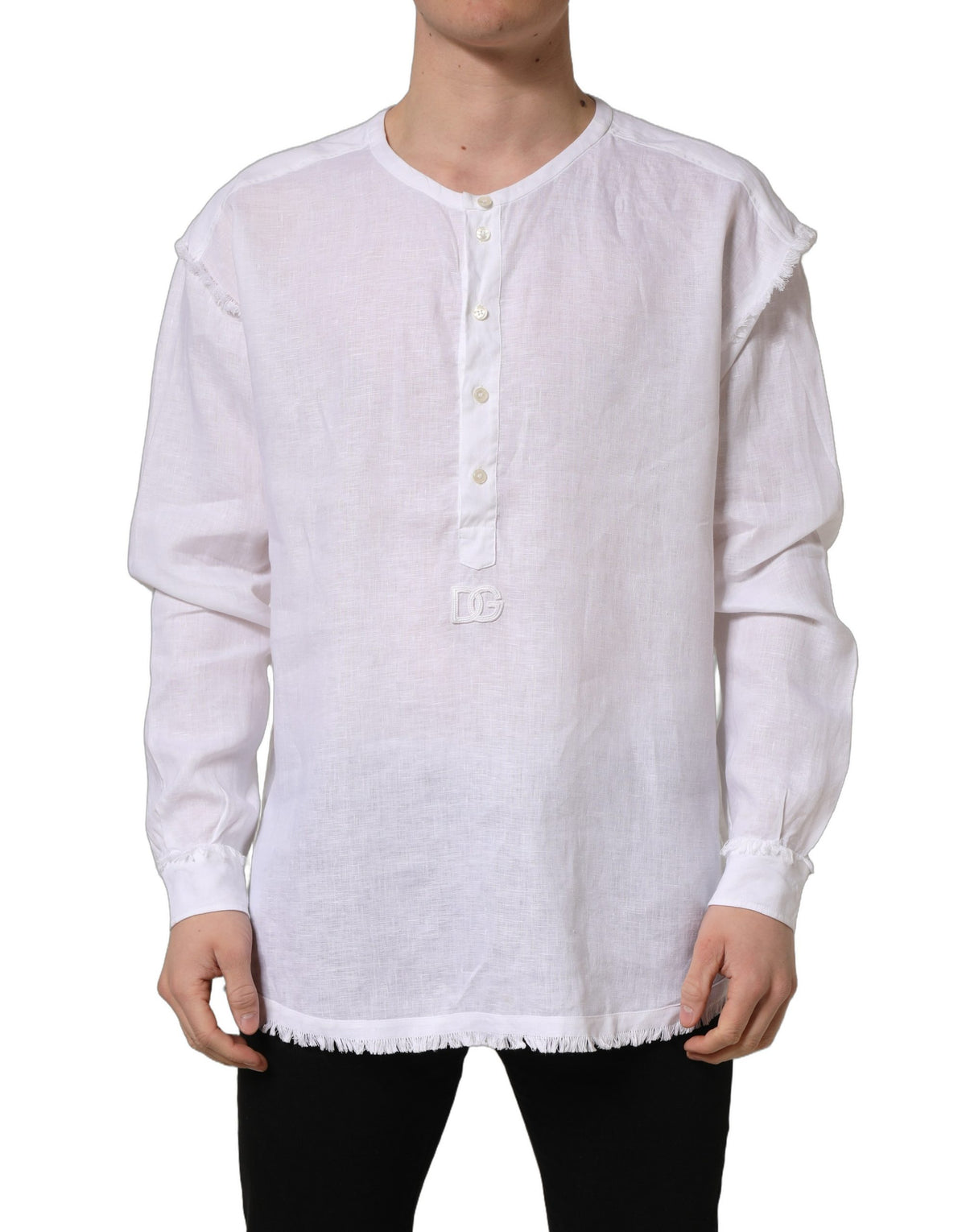 Dolce & Gabbana White Linen Logo Long Sleeves Casual Shirt