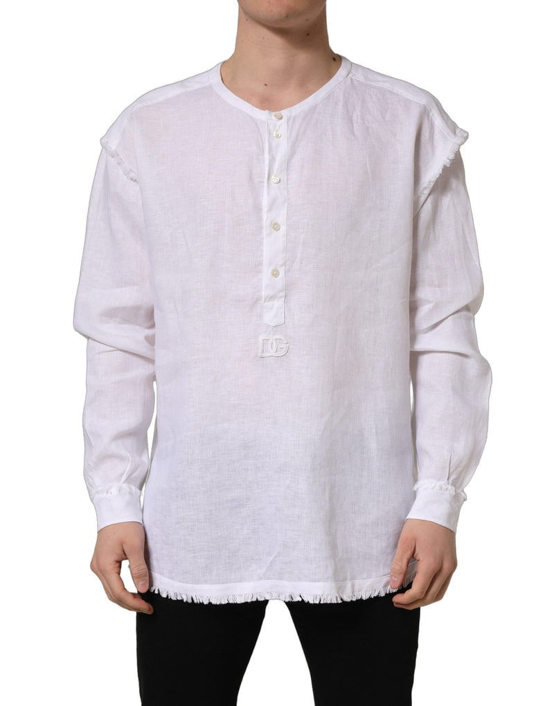 Dolce & Gabbana White Linen Logo Long Sleeves Casual Shirt