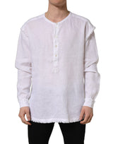 Dolce & Gabbana White Linen Logo Long Sleeves Casual Shirt