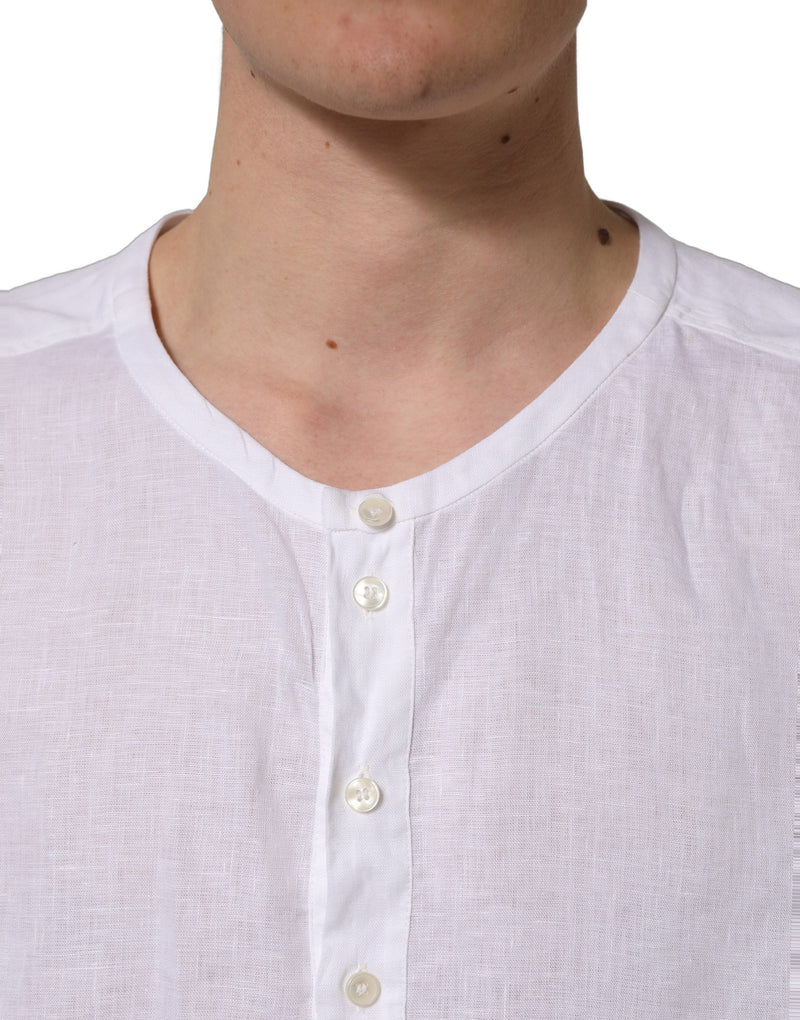 Dolce & Gabbana White Linen Logo Long Sleeves Casual Shirt