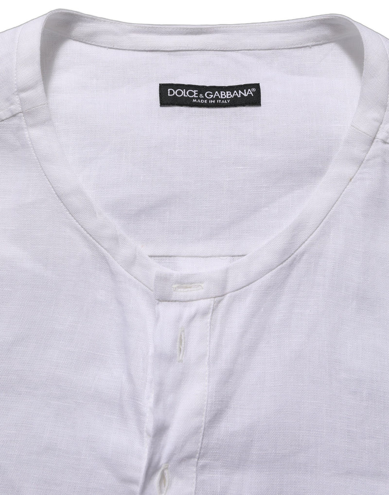 Dolce & Gabbana White Linen Logo Long Sleeves Casual Shirt