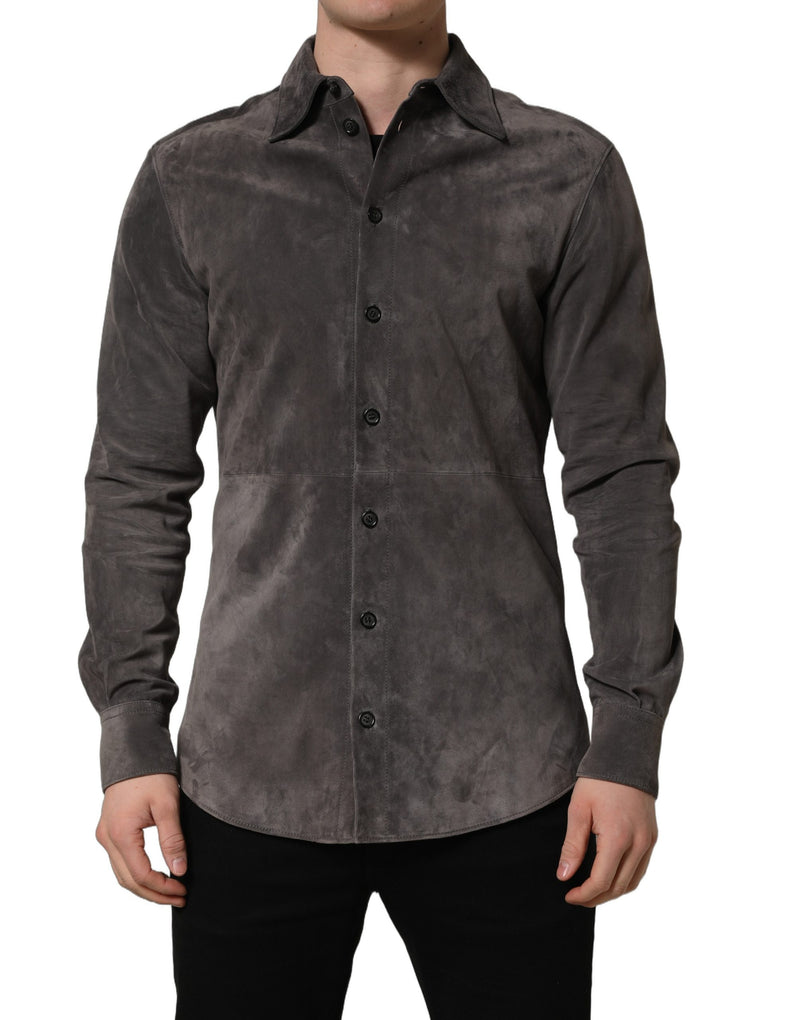 Dolce & Gabbana Gray Suede Long Sleeve Button Down Shirt