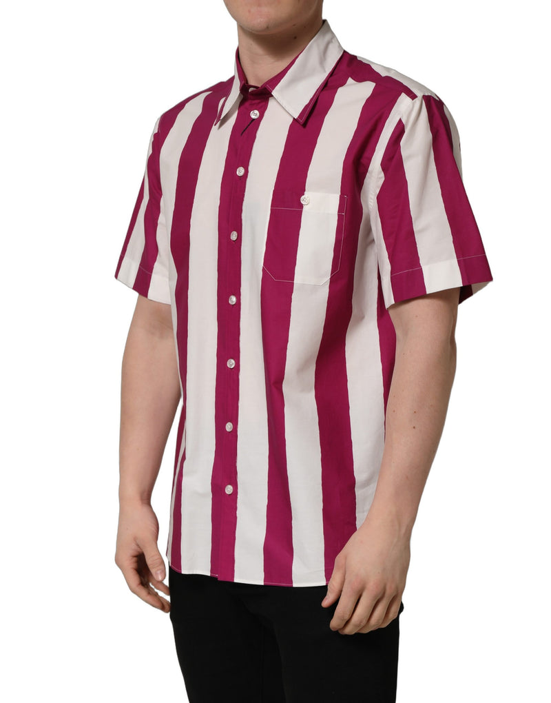 Dolce & Gabbana White Maroon Striped Men Short Sleeves Shirt