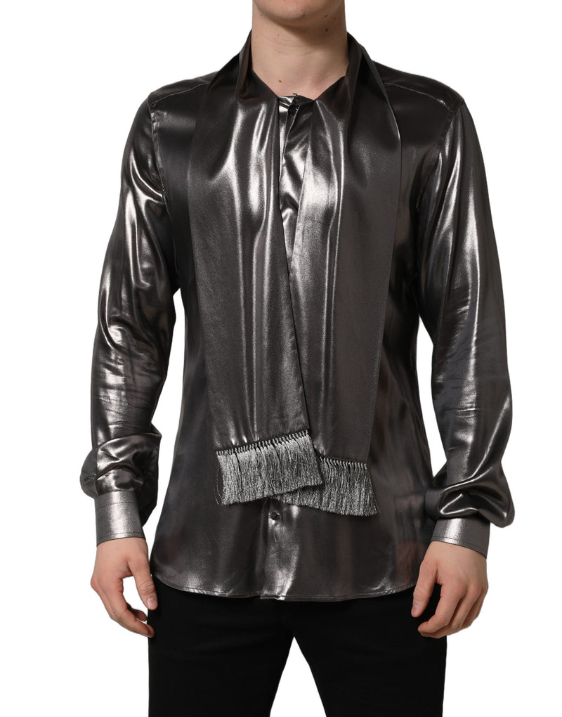Dolce & Gabbana Silver Satin Silk Long Sleeves Men Dress Shirt