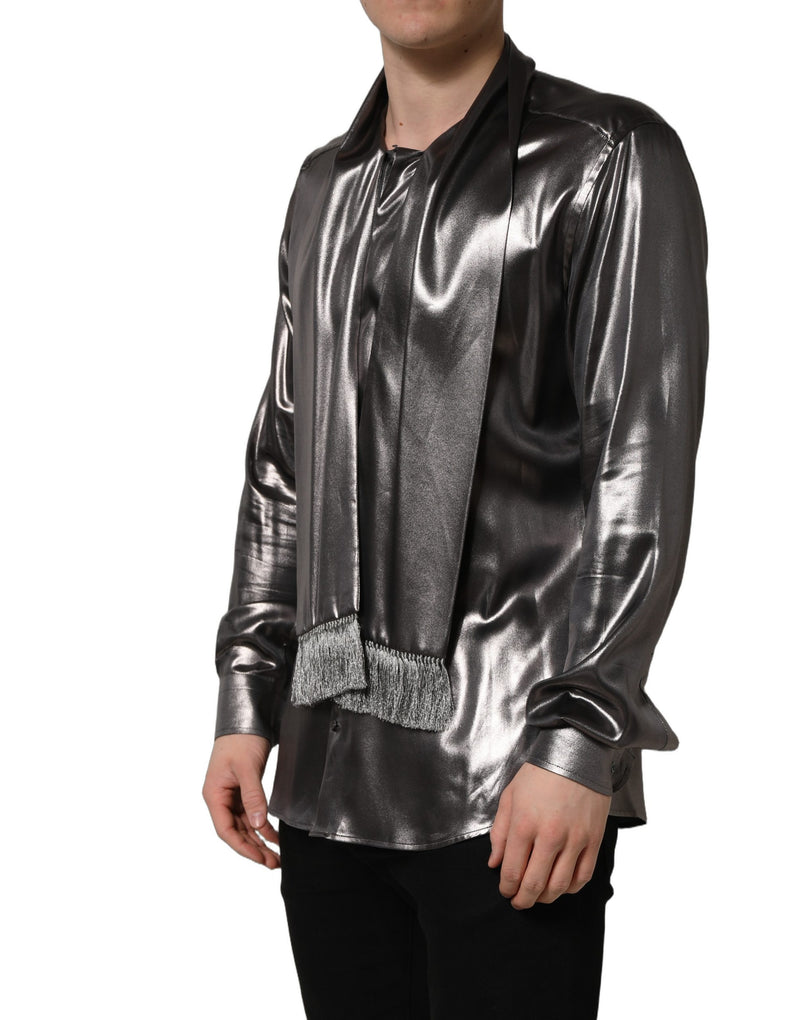 Dolce & Gabbana Silver Satin Silk Long Sleeves Men Dress Shirt
