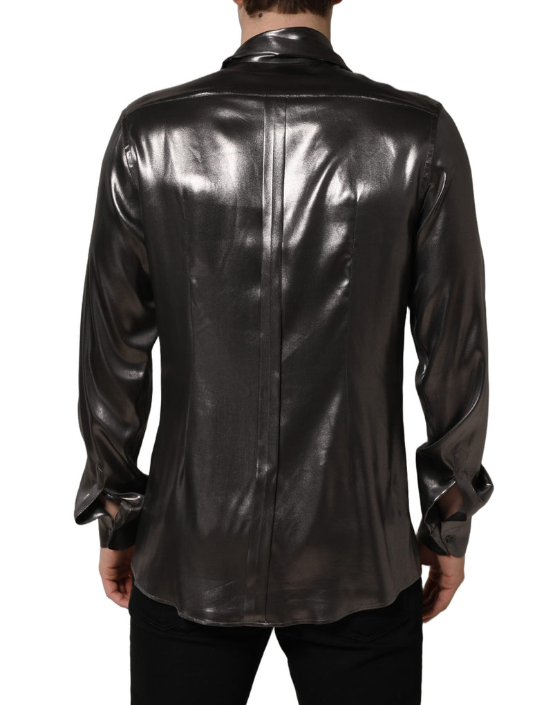 Dolce & Gabbana Silver Satin Silk Long Sleeves Men Dress Shirt