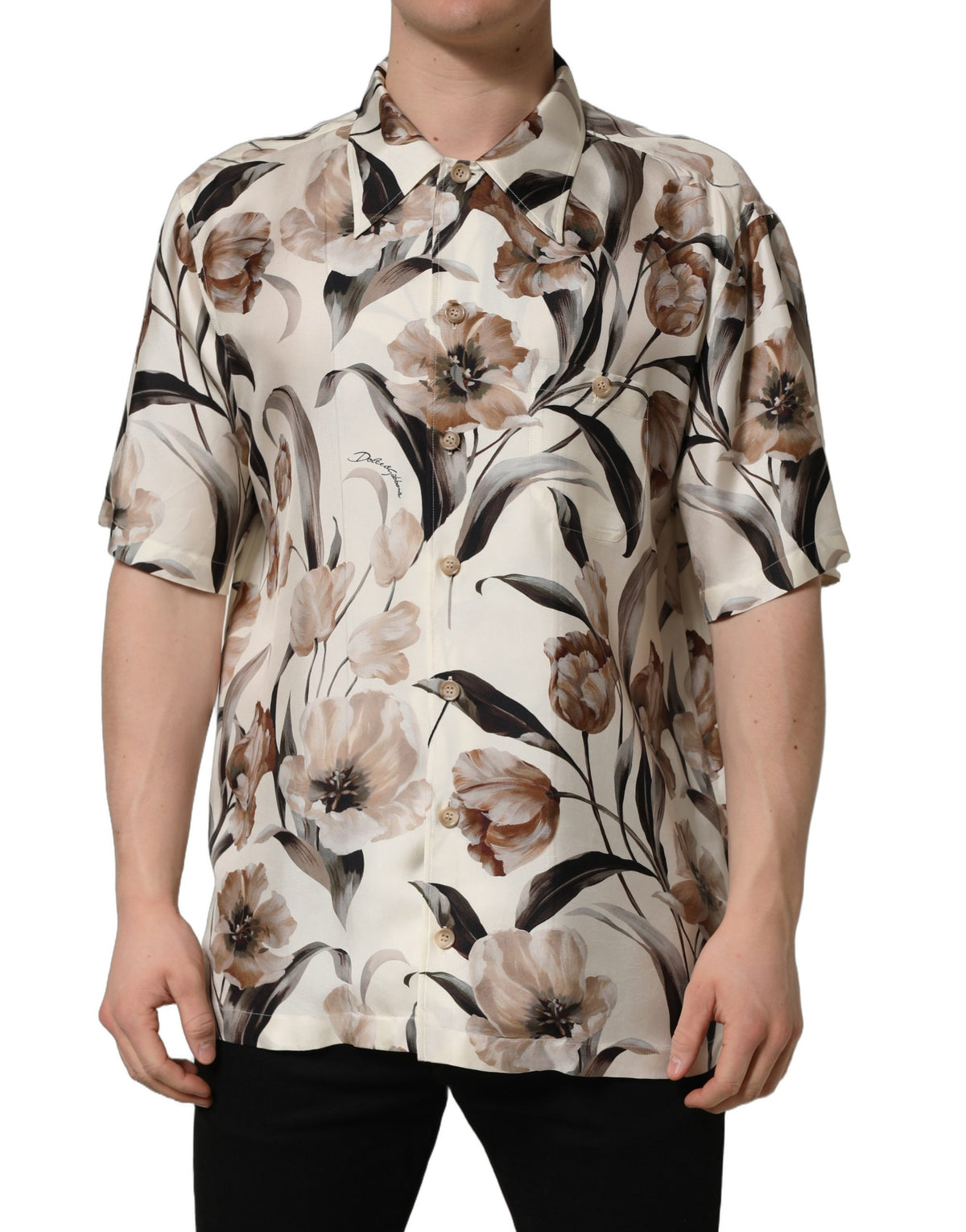 Dolce & Gabbana Beige Tulip Print Silk Short Sleeves Shirt