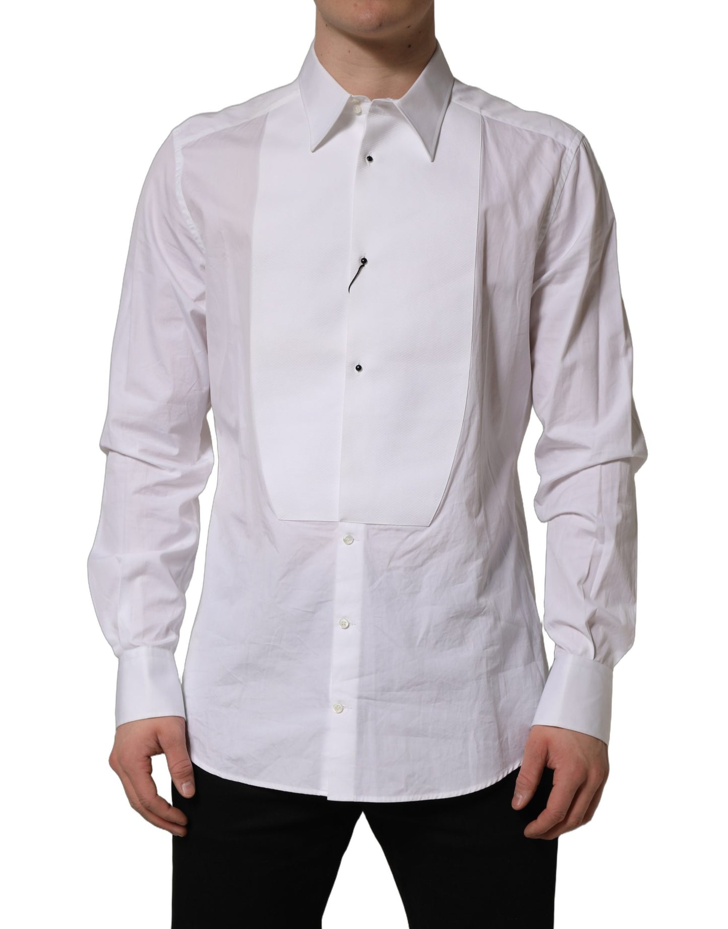 Dolce & Gabbana White GOLD Long Sleeves Bib Men Dress Shirt