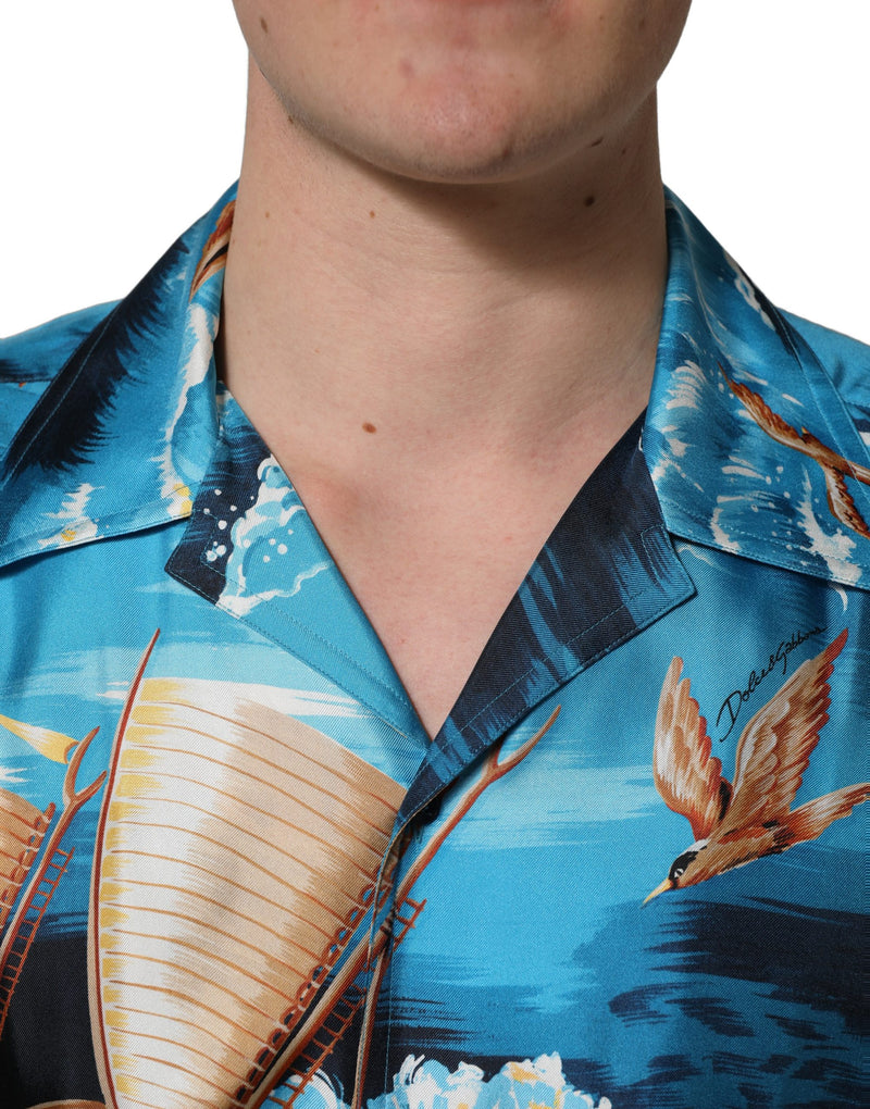 Dolce & Gabbana Blue Silk Twill Hawaiian Graphic Print Shirt
