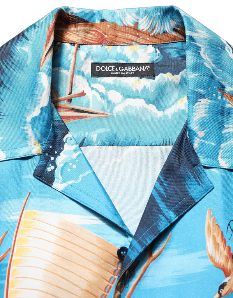 Dolce & Gabbana Blue Silk Twill Hawaiian Graphic Print Shirt