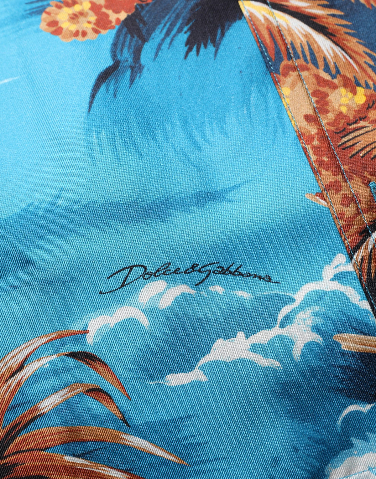Dolce & Gabbana Blue Silk Twill Hawaiian Graphic Print Shirt