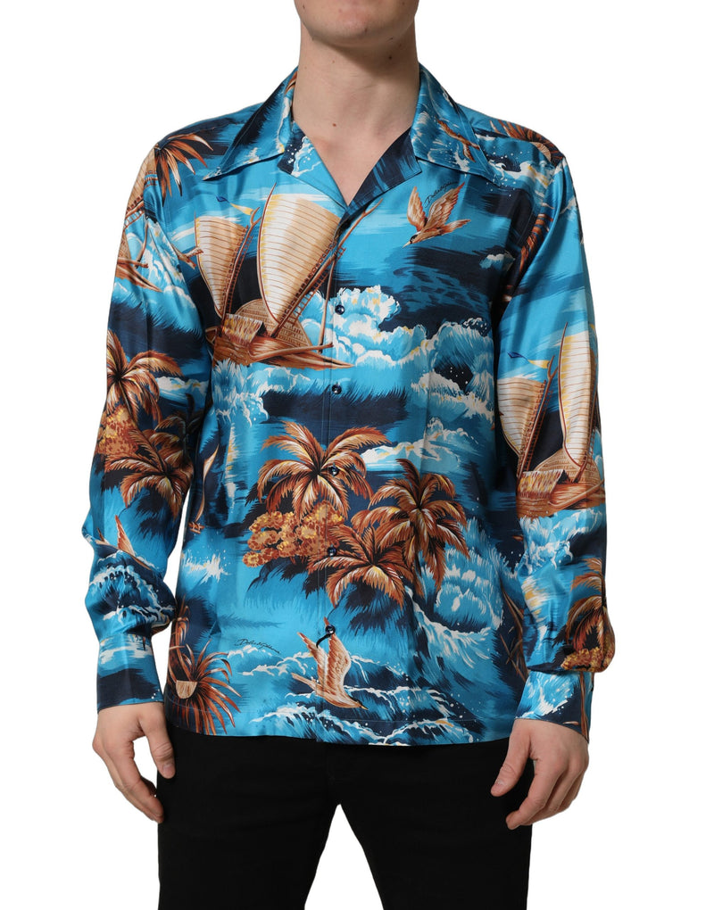 Dolce & Gabbana Blue Silk Twill Hawaiian Graphic Print Shirt