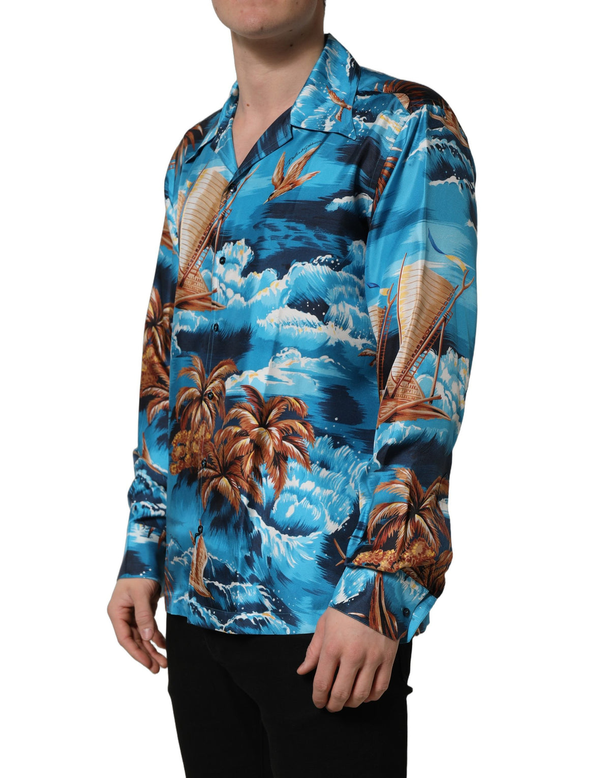 Dolce & Gabbana Blue Silk Twill Hawaiian Graphic Print Shirt