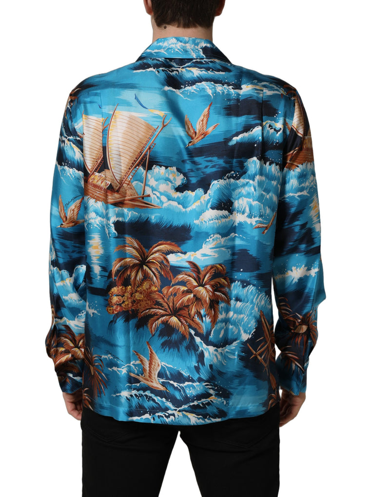 Dolce & Gabbana Blue Silk Twill Hawaiian Graphic Print Shirt