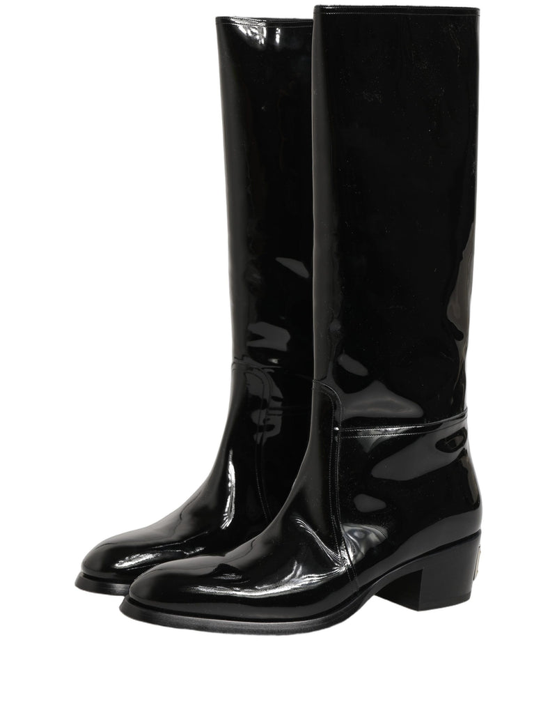 Dolce & Gabbana Black Leather Knee High Heels Boots