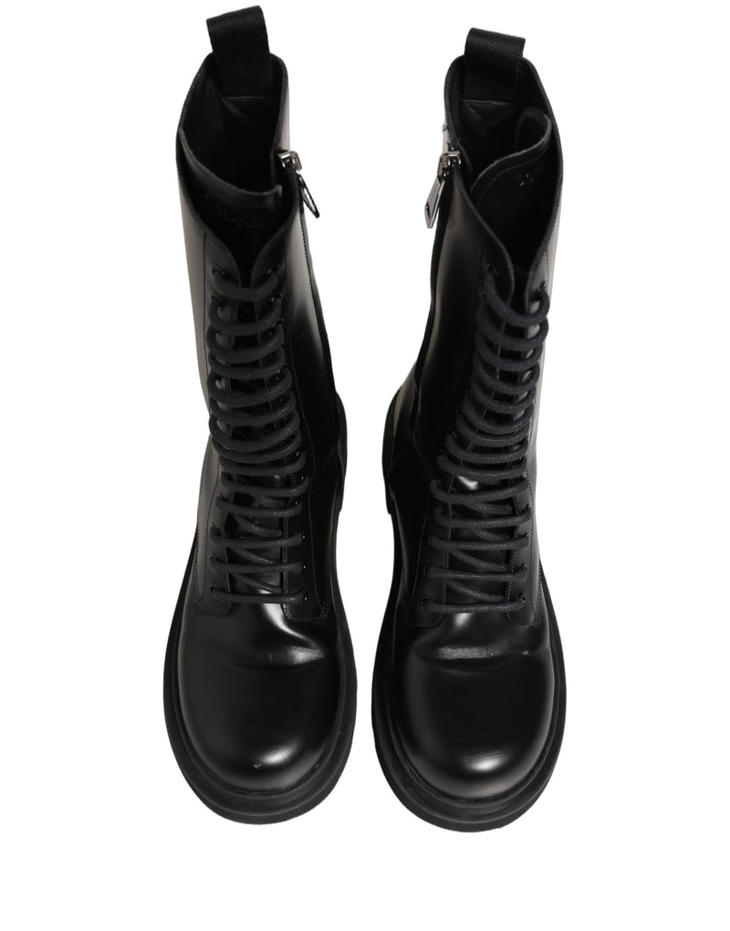 Dolce & Gabbana Black Leather Lace-Up Combat Boots for Men