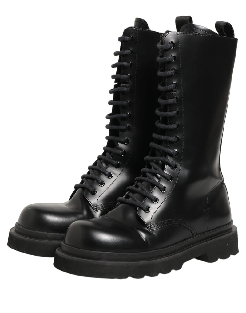 Dolce & Gabbana Black Leather Lace-Up Combat Boots for Men