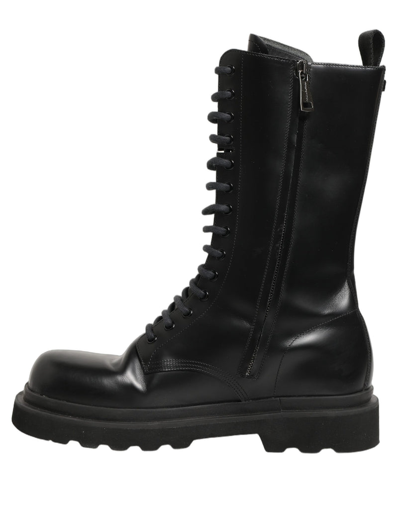 Dolce & Gabbana Black Leather Lace-Up Combat Boots for Men