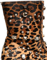 Dolce & Gabbana Brown Leopard Embellished Mid Calf Boots
