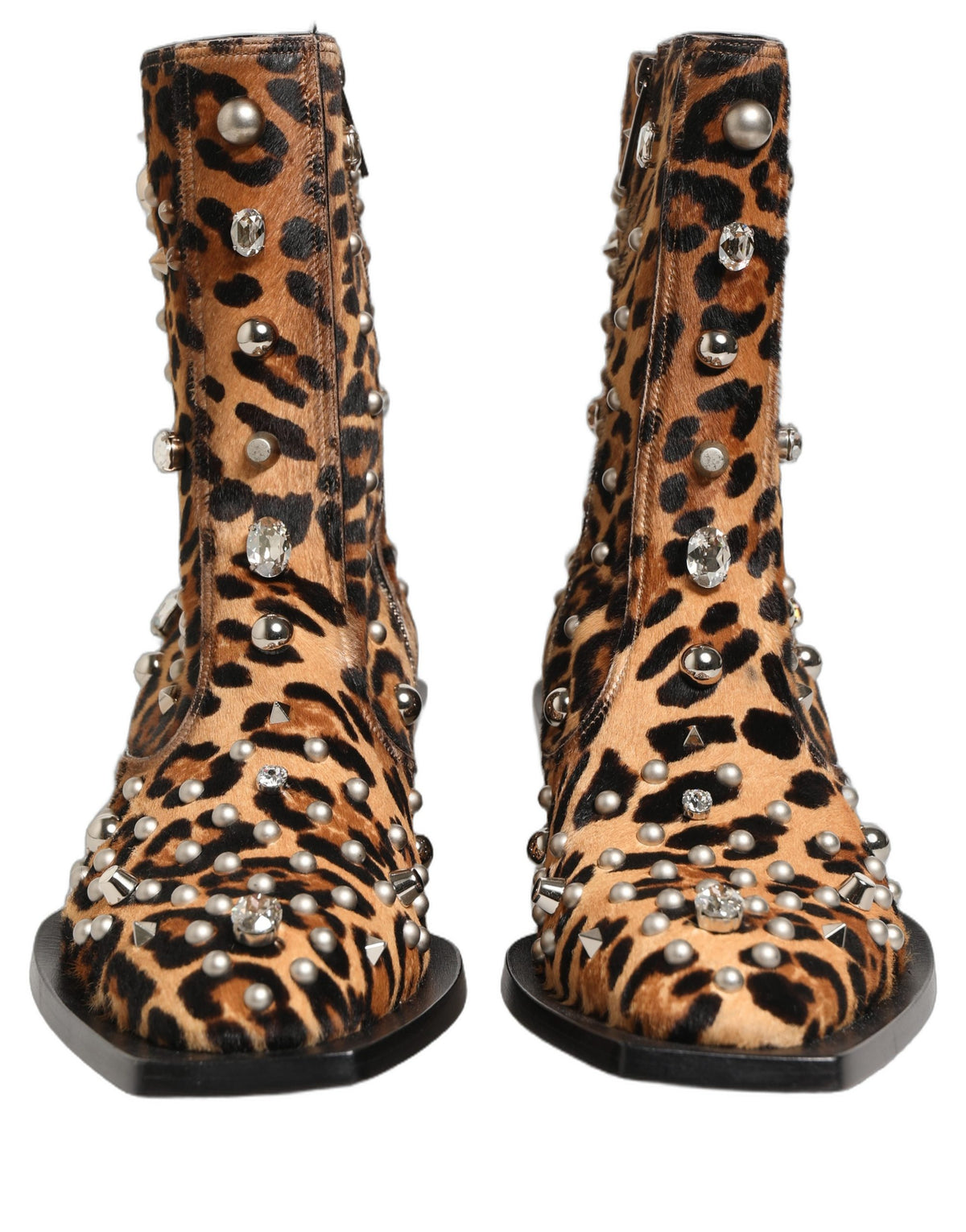 Dolce & Gabbana Brown Leopard Embellished Mid Calf Boots