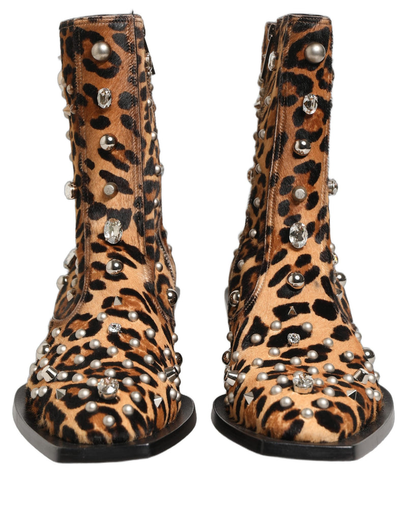 Dolce & Gabbana Brown Leopard Embellished Mid Calf Boots