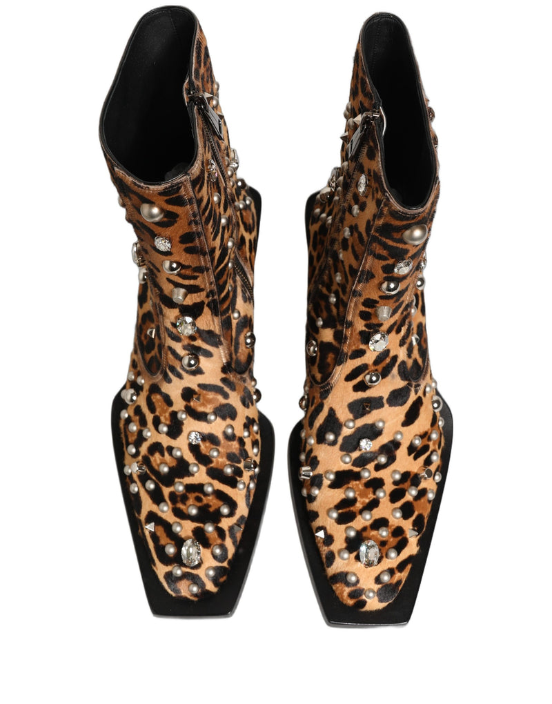 Dolce & Gabbana Brown Leopard Embellished Mid Calf Boots