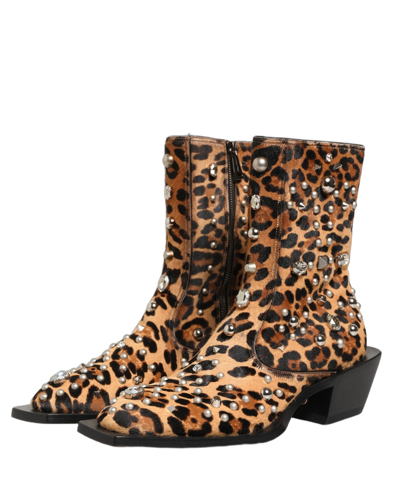 Dolce & Gabbana Brown Leopard Embellished Mid Calf Boots