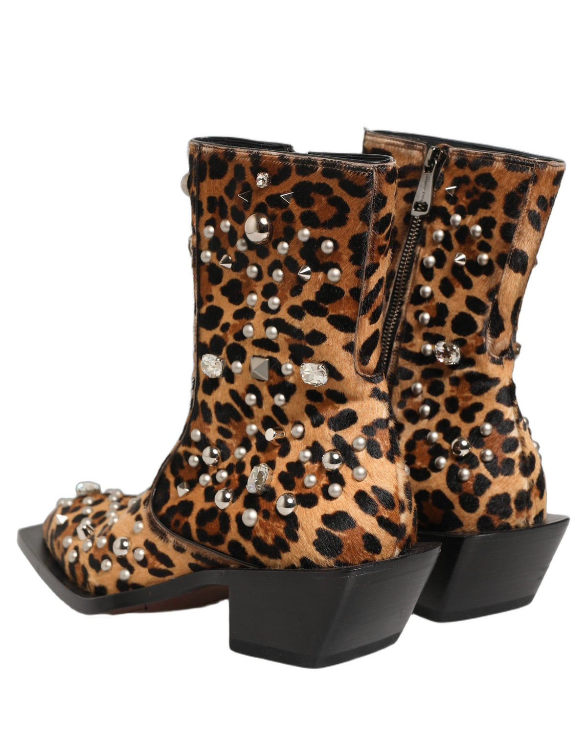 Dolce & Gabbana Brown Leopard Embellished Mid Calf Boots