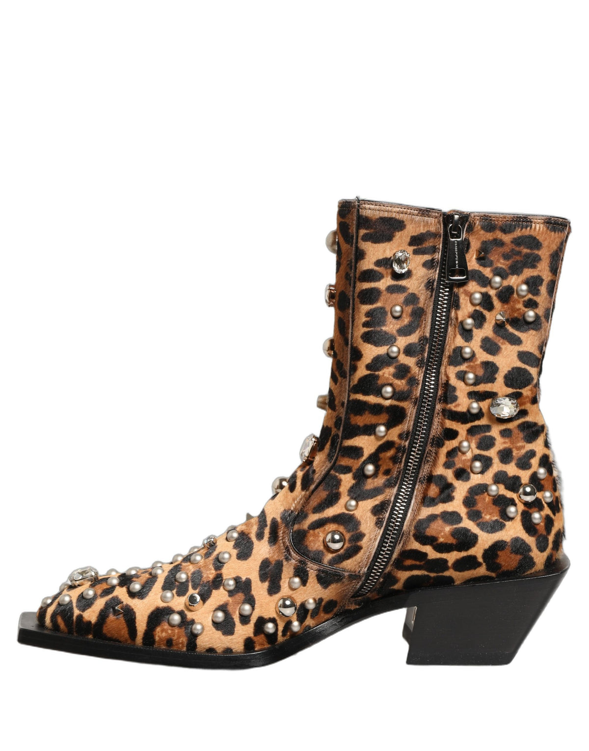 Dolce & Gabbana Brown Leopard Embellished Mid Calf Boots