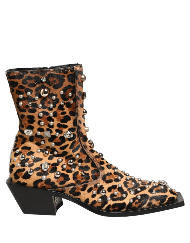 Dolce & Gabbana Brown Leopard Embellished Mid Calf Boots