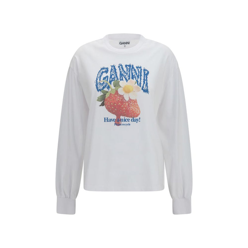 Ganni White Cotton Sweatshirt with Strawberry Print