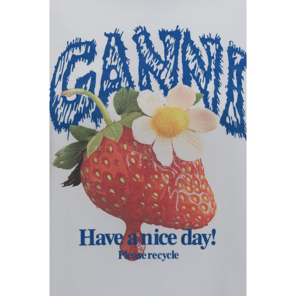 Ganni White Cotton Sweatshirt with Strawberry Print
