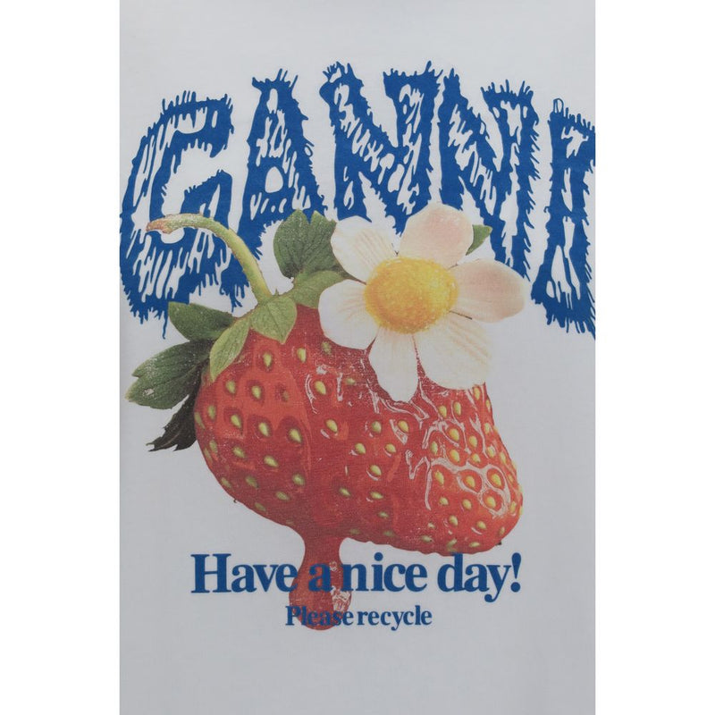 Ganni White Cotton Sweatshirt with Strawberry Print