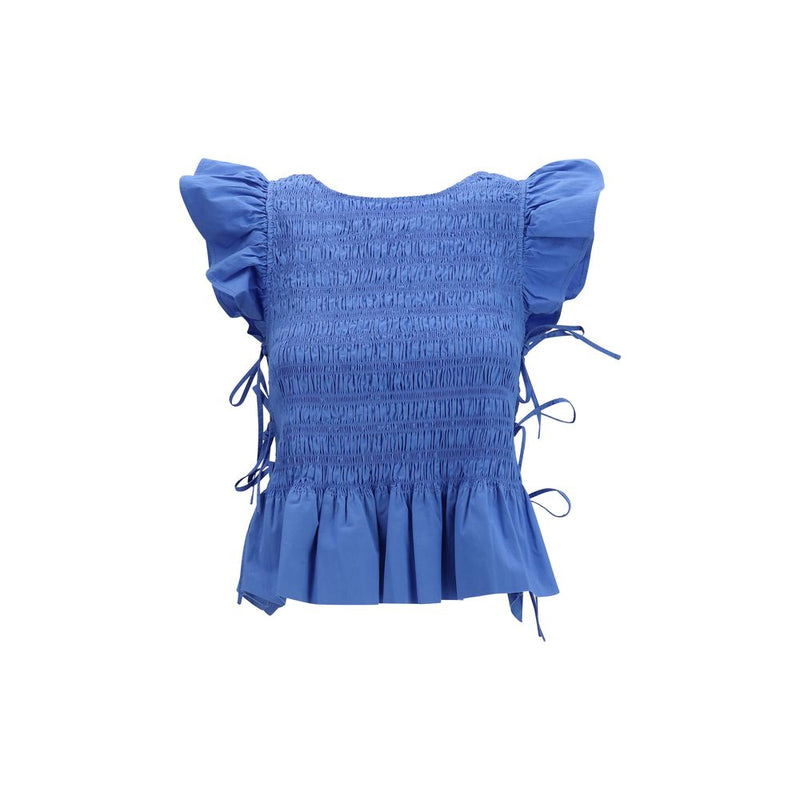 Ganni Blue Cotton Blouse with Ruched Detail