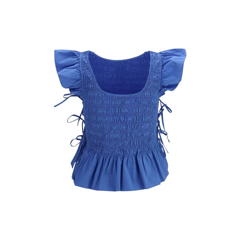 Ganni Blue Cotton Blouse with Ruched Detail