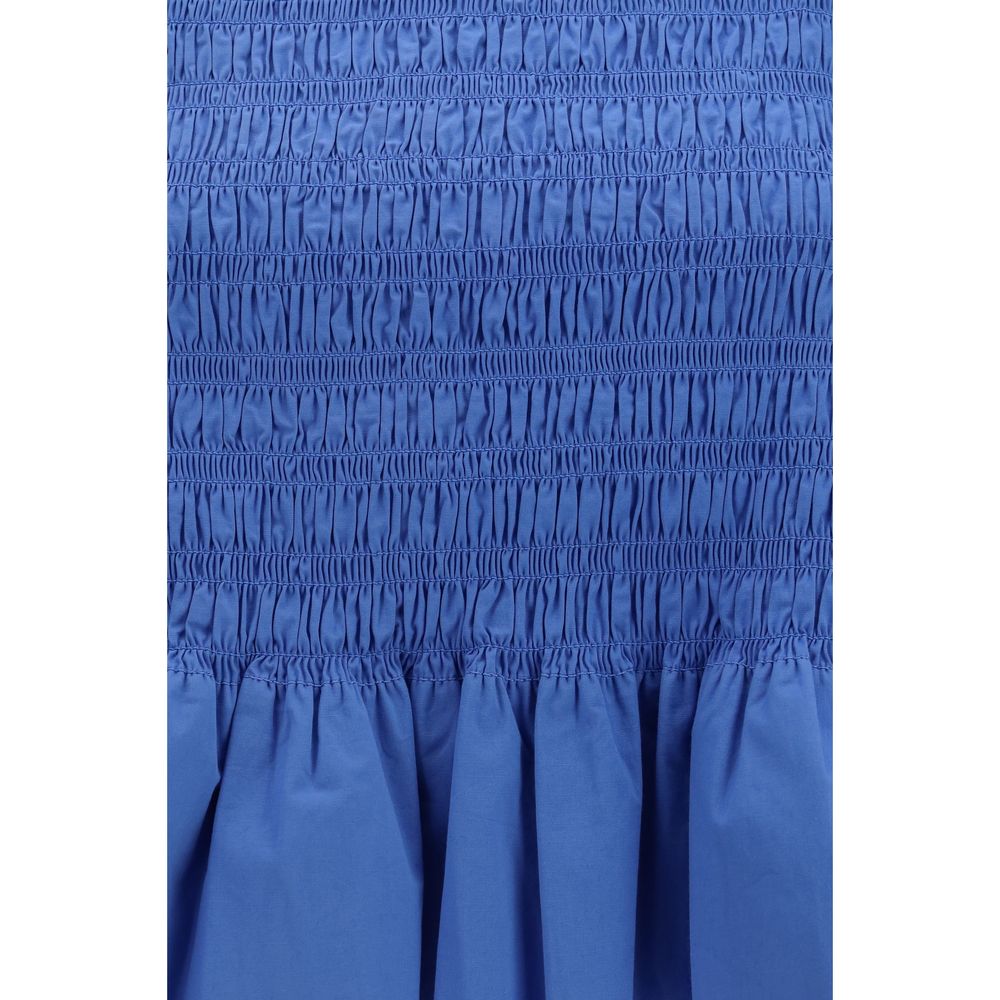 Ganni Blue Cotton Blouse with Ruched Detail