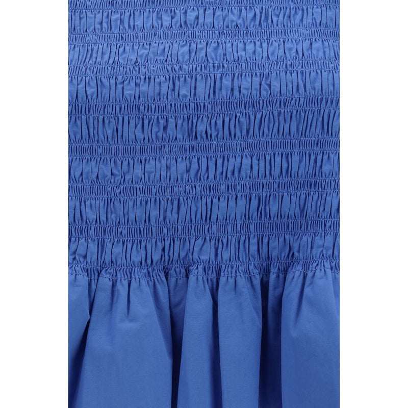 Ganni Blue Cotton Blouse with Ruched Detail