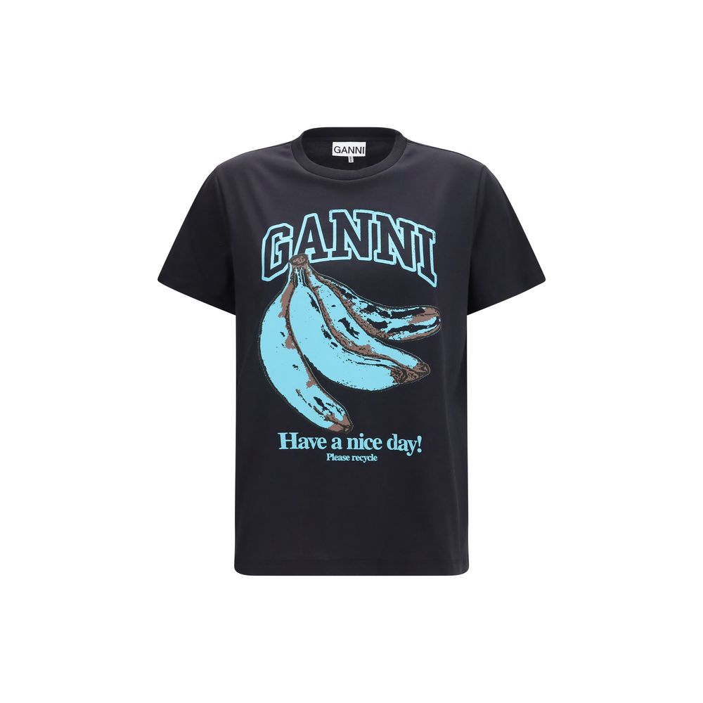 Ganni Black Cotton T-Shirt with Graphic Print