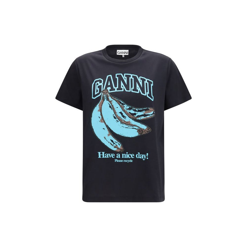 Ganni Black Cotton T-Shirt with Graphic Print