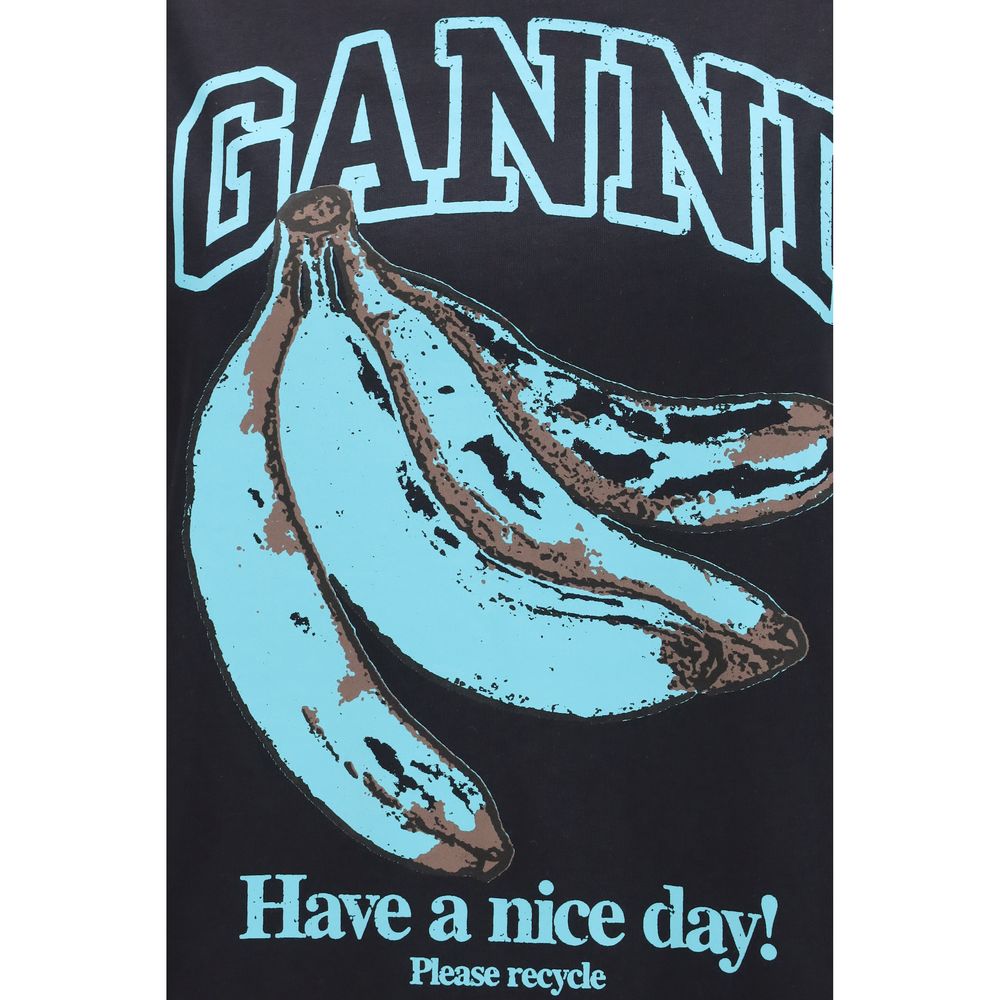 Ganni Black Cotton T-Shirt with Graphic Print