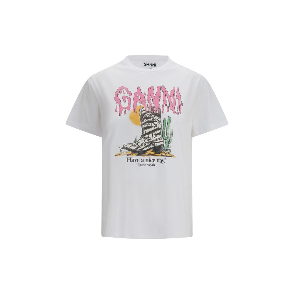 Ganni White Cotton T-Shirt with Cowboy Boots Graphic