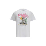 Ganni White Cotton T-Shirt with Cowboy Boots Graphic
