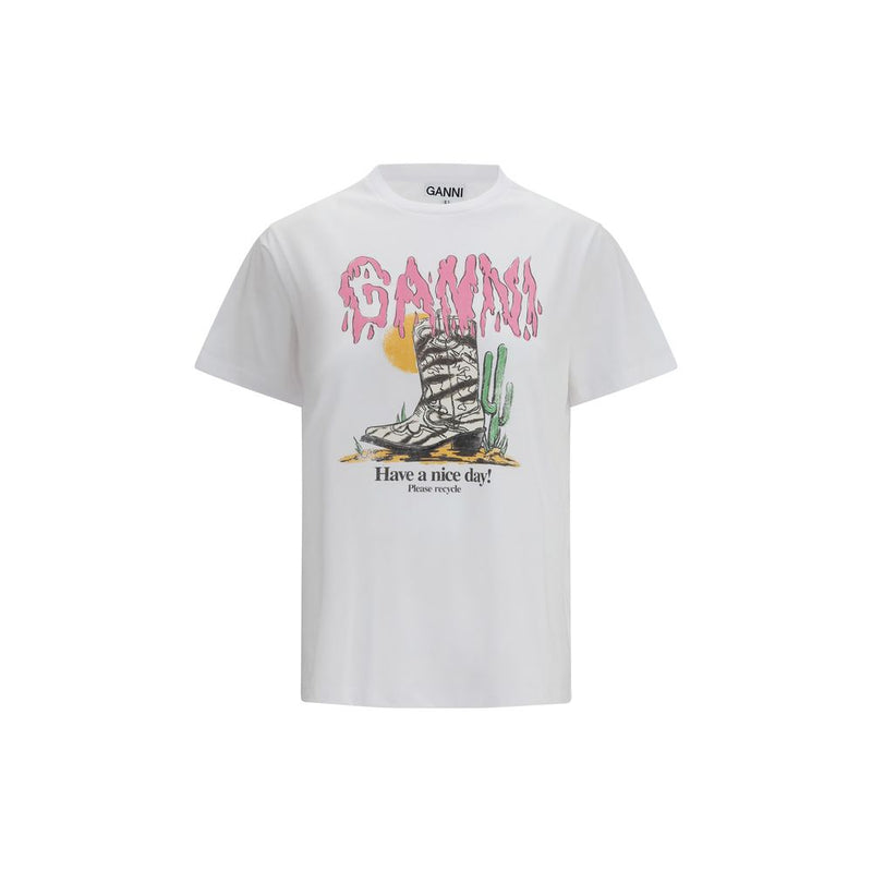 Ganni White Cotton T-Shirt with Cowboy Boots Graphic