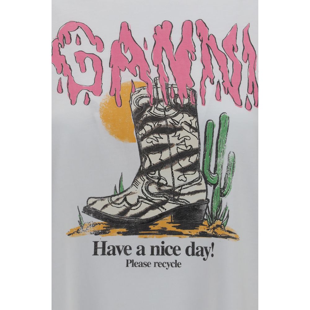 Ganni White Cotton T-Shirt with Cowboy Boots Graphic