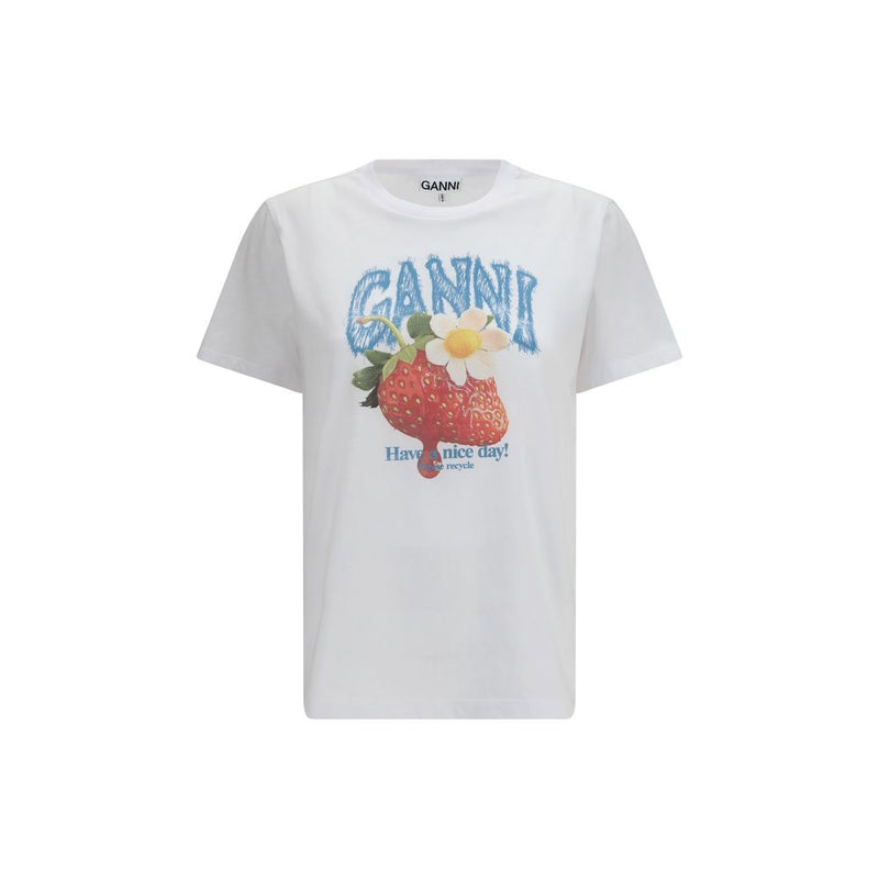 Ganni White Cotton T-Shirt with Strawberry Print