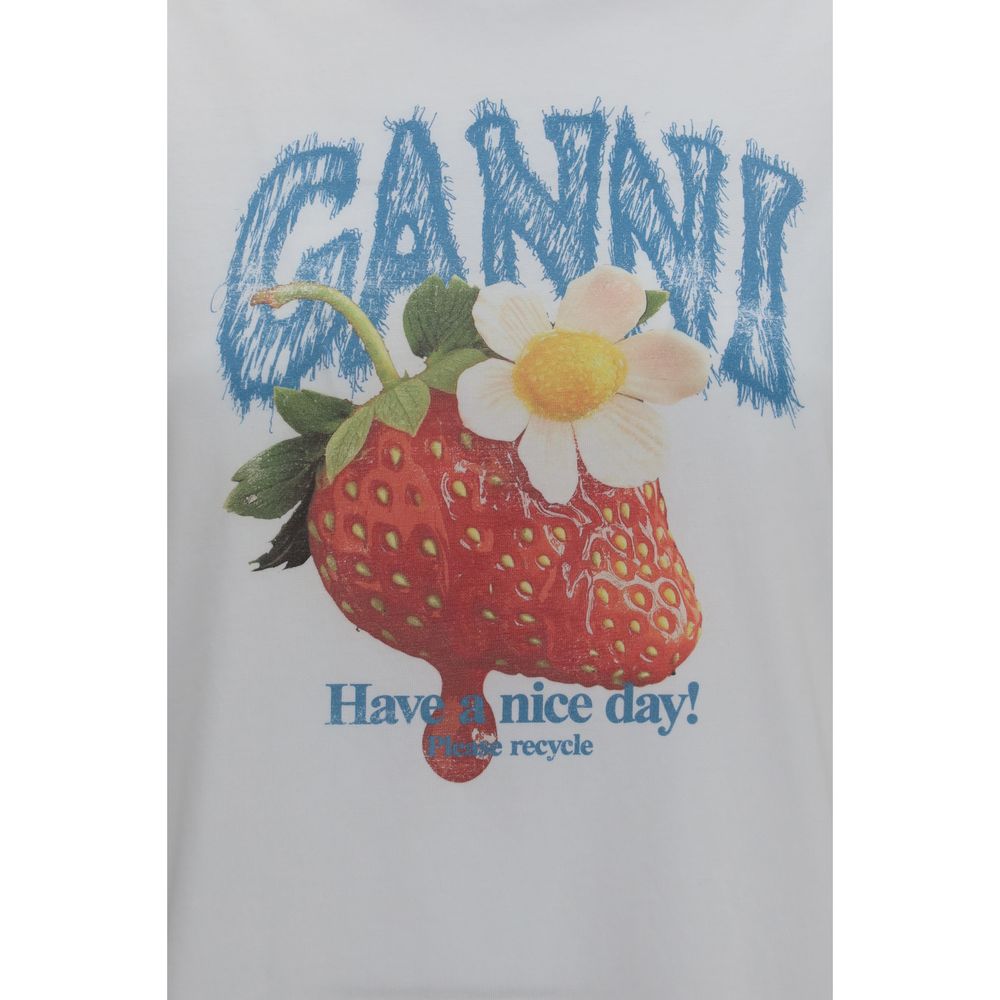 Ganni White Cotton T-Shirt with Strawberry Print