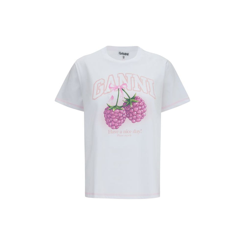 Ganni White Cotton T-Shirt with Raspberry Print
