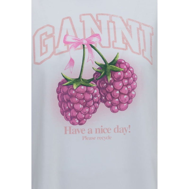 Ganni White Cotton T-Shirt with Raspberry Print