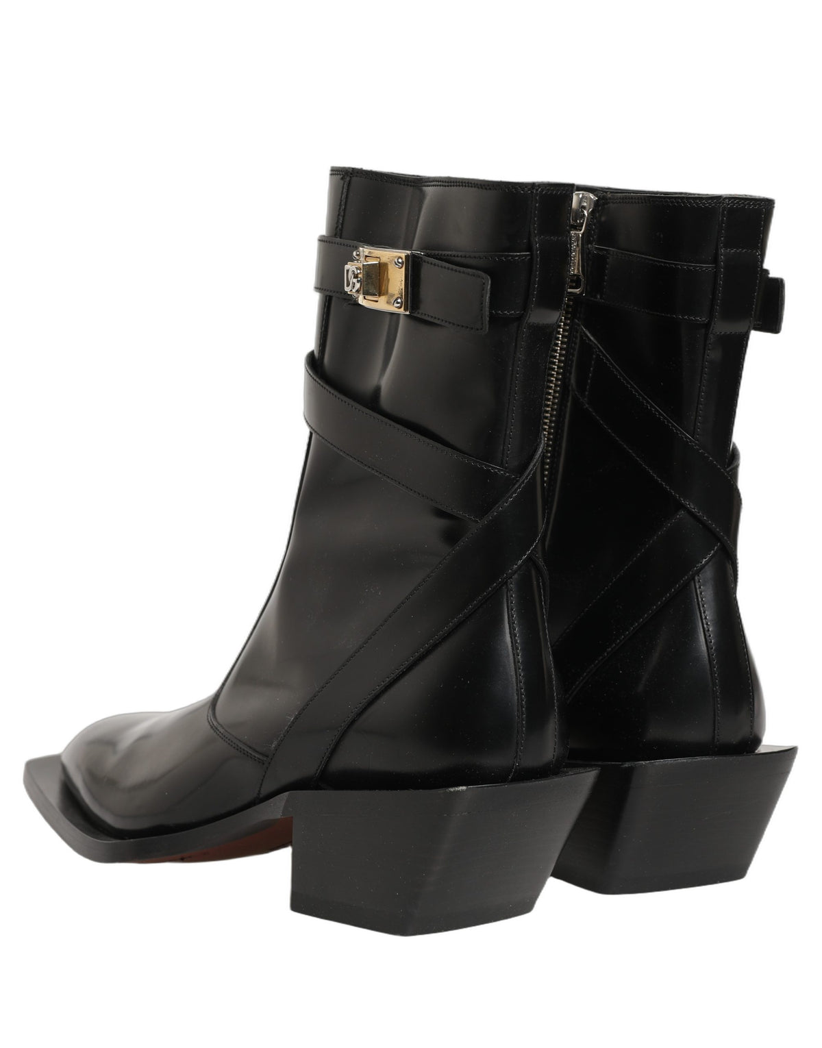 Dolce & Gabbana Black Leather DG Plaque Mid Calf Boots